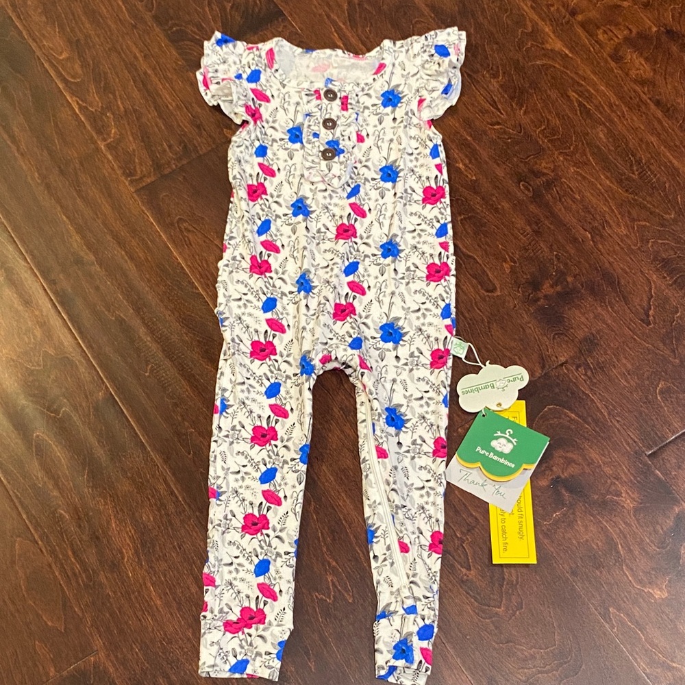 Pure Bambinos Bamboo Poppy Crescent Zipper Romper with Ruffle Sleeves 18-24m NWT